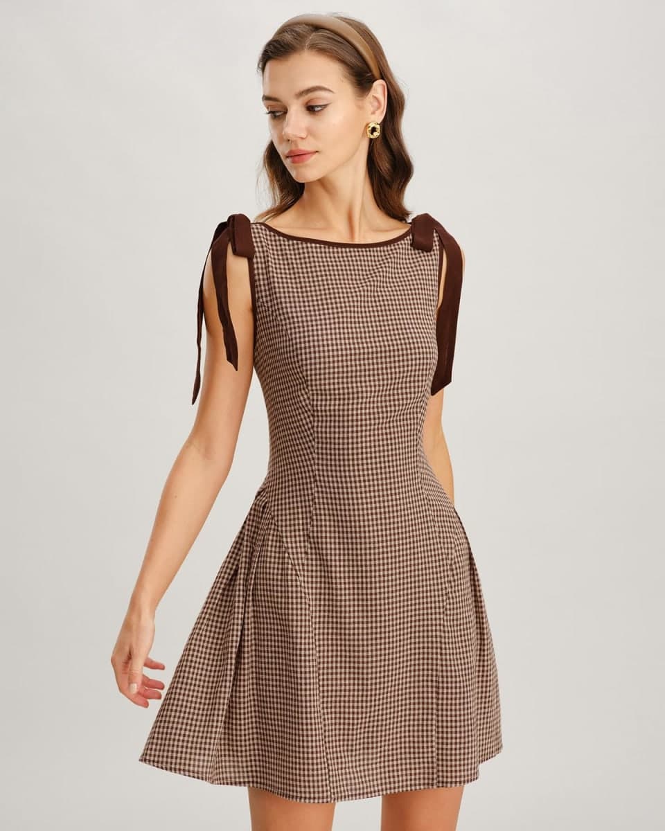 RIHOAS Women's Plaid Boat Neck A-Line Midi Dress - Casual Vintage Plaid Dress for Women, Brown-mini, Medium thumbnail 3