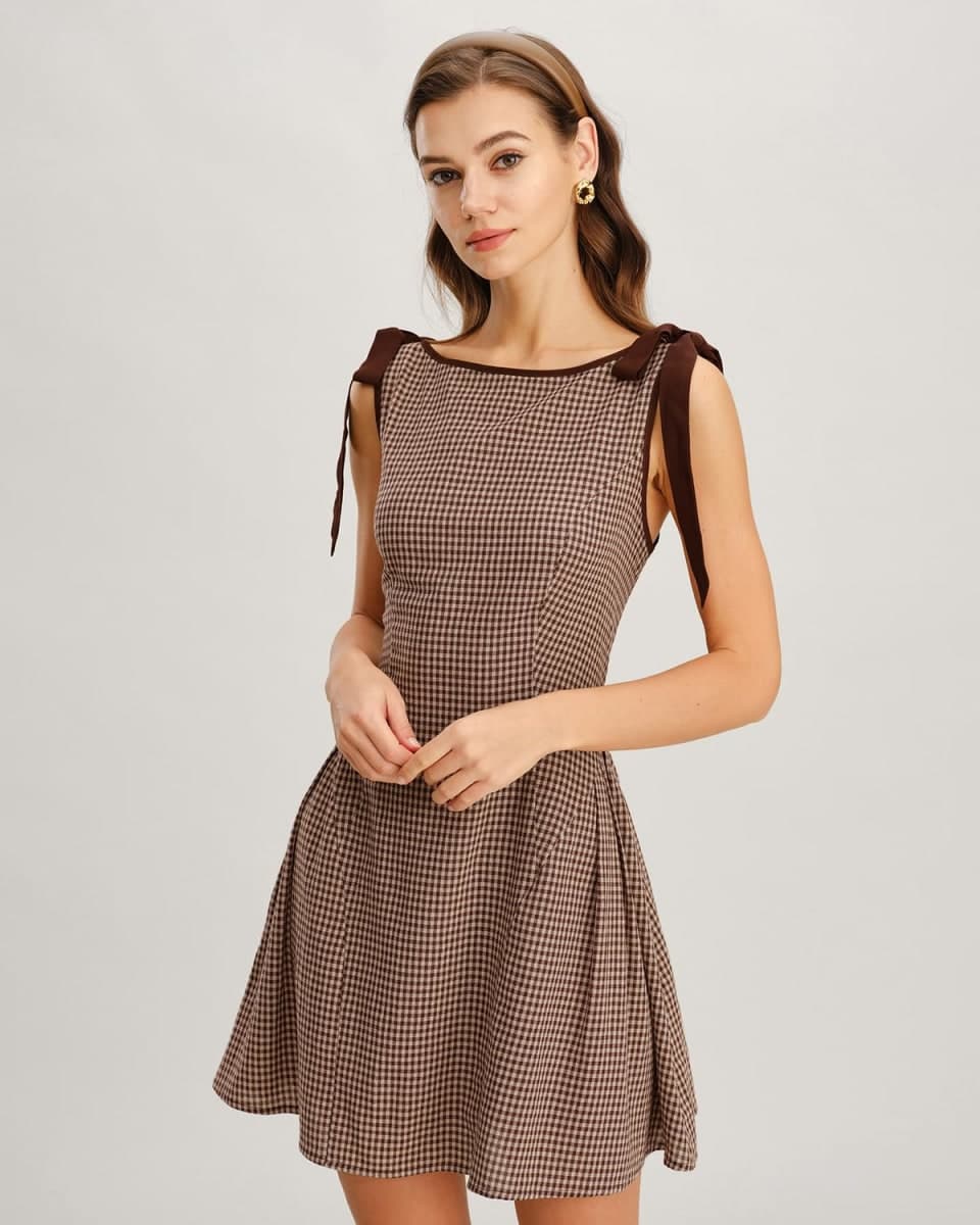 RIHOAS Women's Plaid Boat Neck A-Line Midi Dress - Casual Vintage Plaid Dress for Women, Brown-mini, Medium thumbnail 4