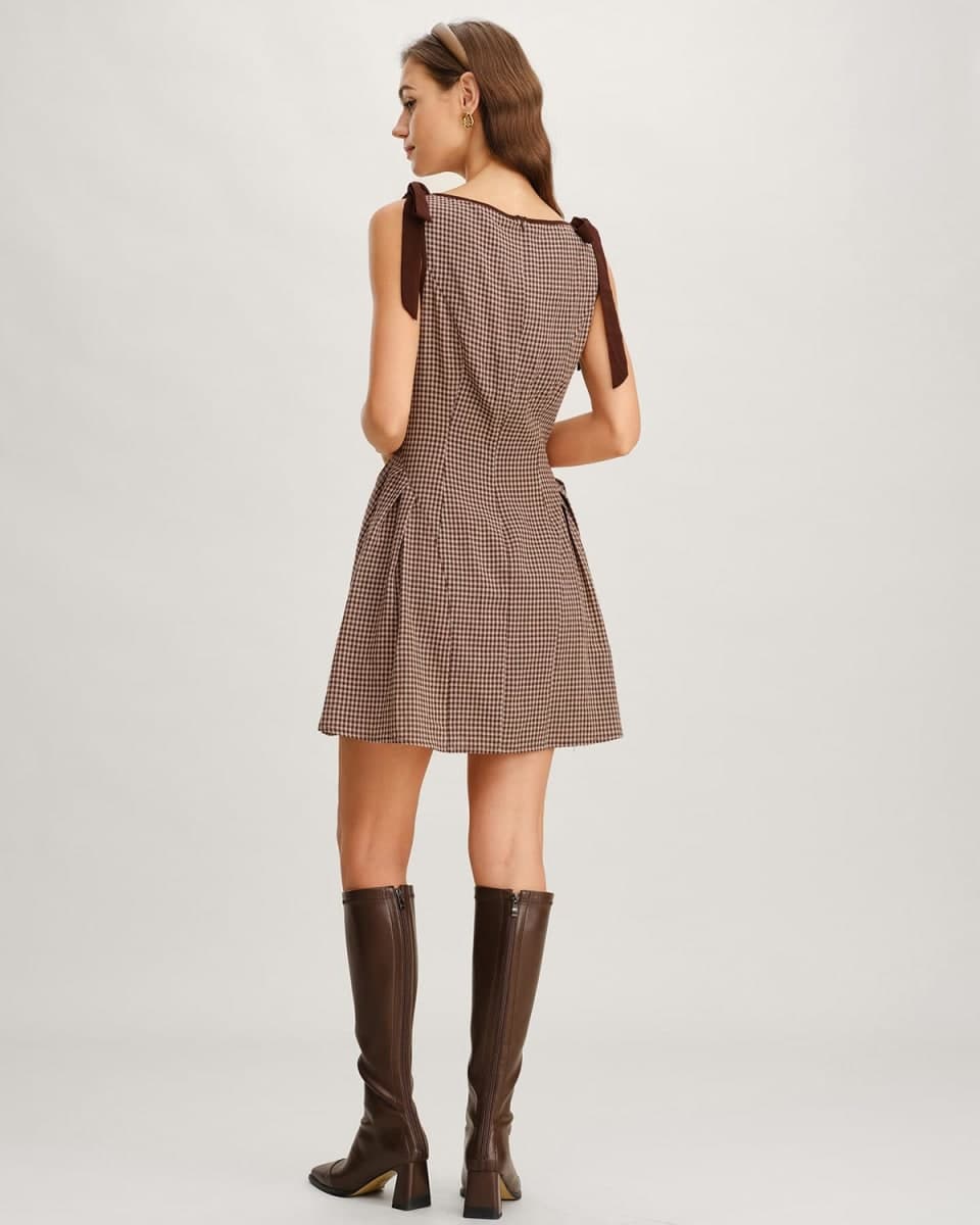 RIHOAS Women's Plaid Boat Neck A-Line Midi Dress - Casual Vintage Plaid Dress for Women, Brown-mini, Medium thumbnail 5