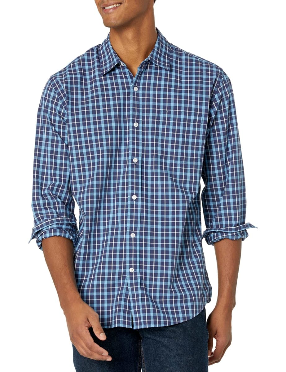 Amazon Essentials Men's Regular-Fit Long-Sleeve Casual Poplin Shirt, navy plaid, Medium thumbnail 3