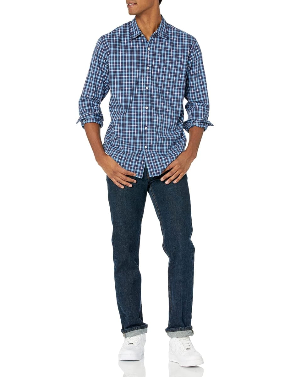 Amazon Essentials Men's Regular-Fit Long-Sleeve Casual Poplin Shirt, navy plaid, Medium thumbnail 5