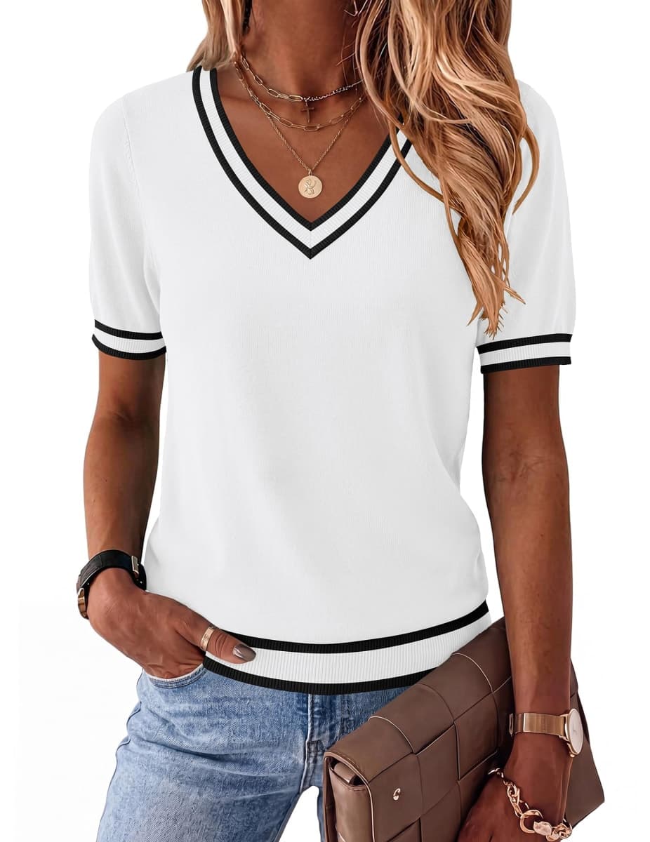 Zeagoo Womens Short Sleeve Sweaters 2025 Summer Lightweight V Neck Pullover Tops Dressy Business Casual Blouses Clothes, Tz289, Medium — image 1