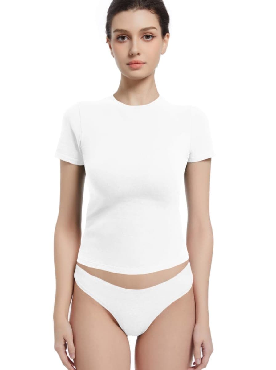 Abonlen Crewneck Short Sleeve T Shirts for Women Fitted Basic TeesY2k Going Out Tops, White, Medium — image 1