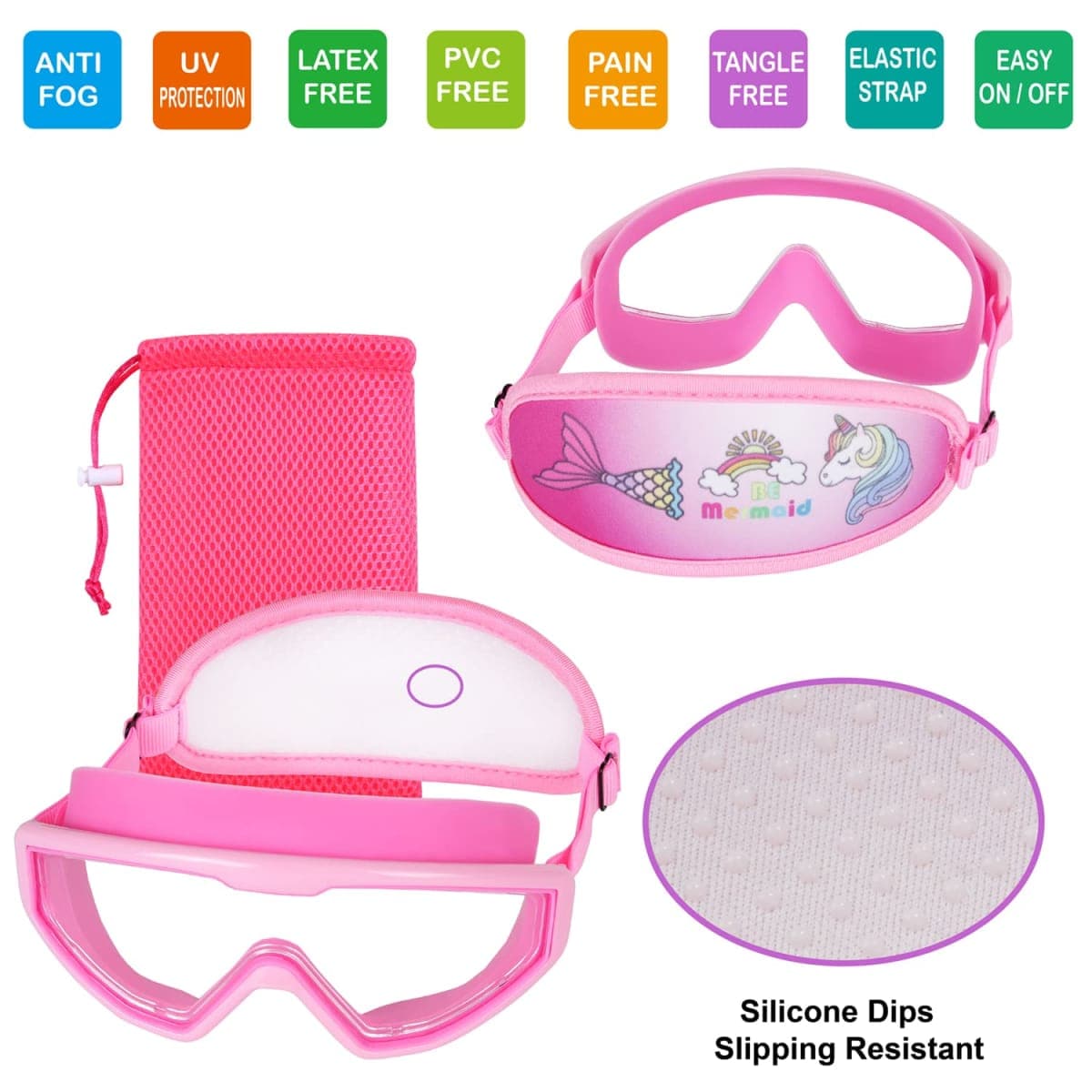 RUIGAO Girls Swim Goggles, Fabric Strap,Unicorn/Mermaid Pink Goggles for Kids swimming 3-8 thumbnail 2