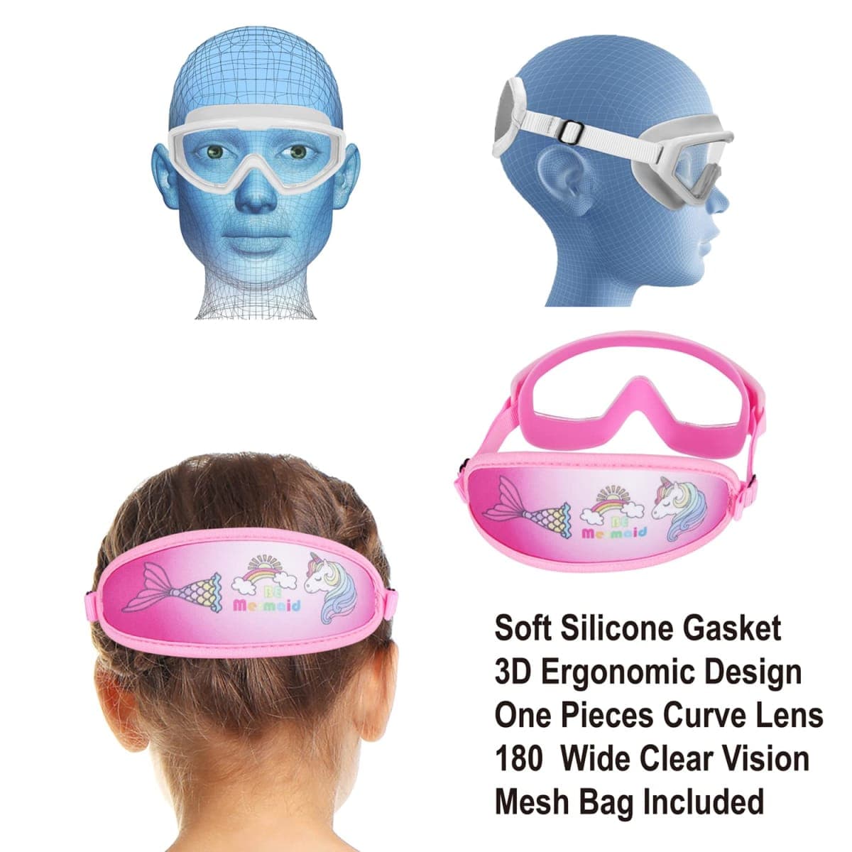 RUIGAO Girls Swim Goggles, Fabric Strap,Unicorn/Mermaid Pink Goggles for Kids swimming 3-8 thumbnail 3
