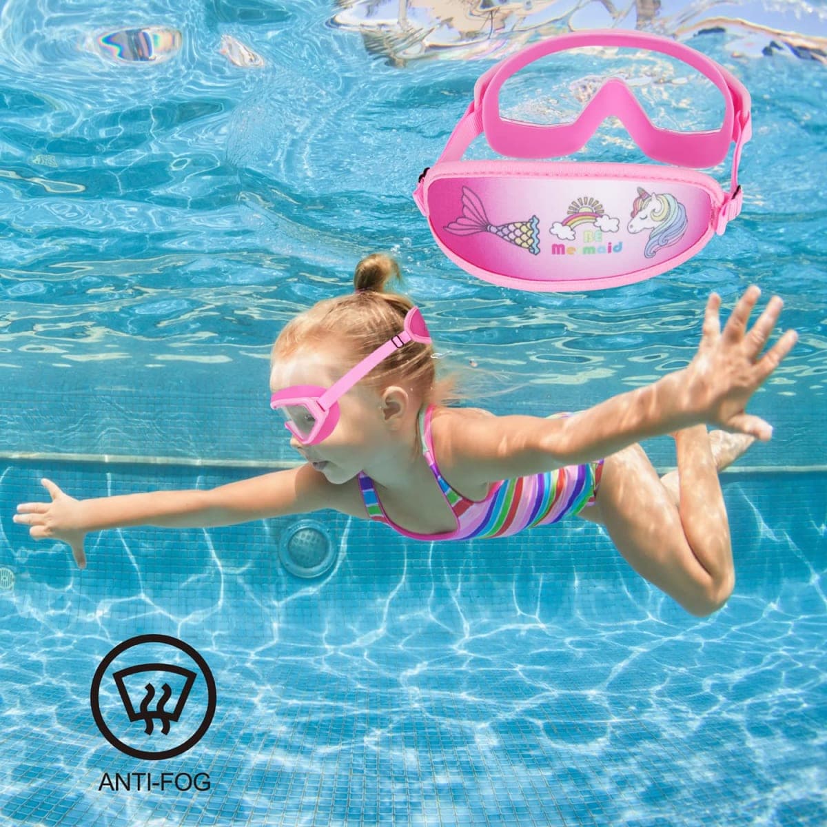 RUIGAO Girls Swim Goggles, Fabric Strap,Unicorn/Mermaid Pink Goggles for Kids swimming 3-8 thumbnail 5