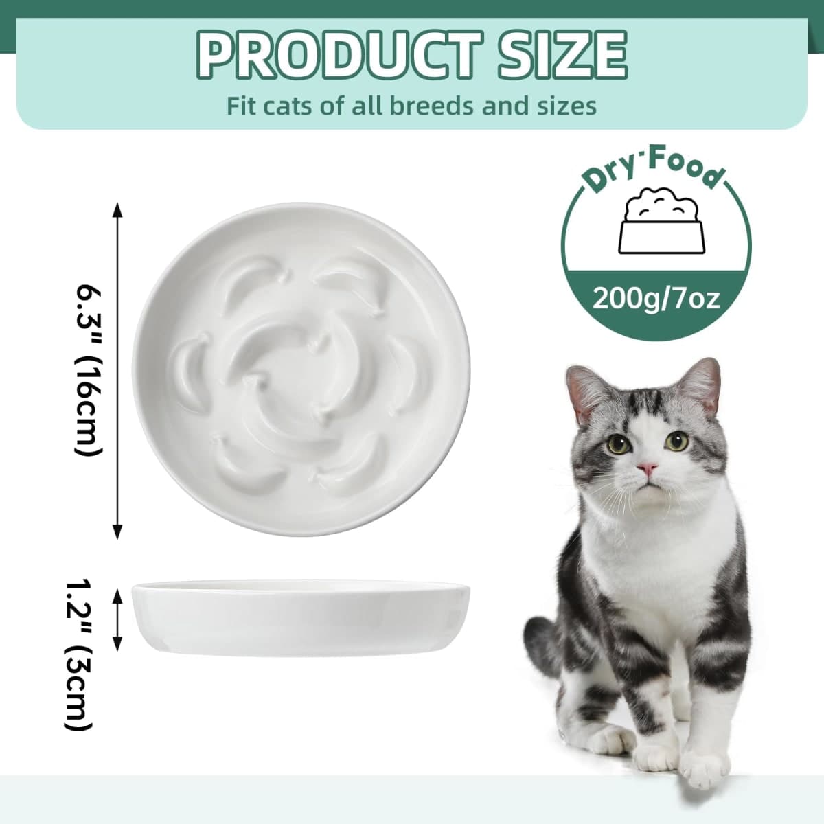 Cat Slow Feeder Bowl Set - 2-Pack Ceramic Cat Dishes for Slow Eating - Whisker-Friendly Cute Maze Bowls for Dry & Wet Food - Microwave & Dishwasher Safe - White and Green thumbnail 2