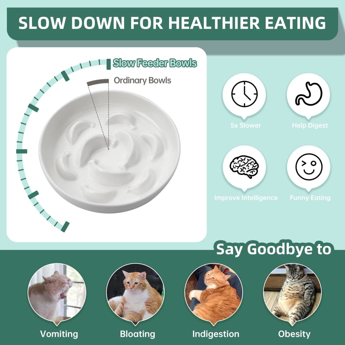 Cat Slow Feeder Bowl Set - 2-Pack Ceramic Cat Dishes for Slow Eating - Whisker-Friendly Cute Maze Bowls for Dry & Wet Food - Microwave & Dishwasher Safe - White and Green thumbnail 3