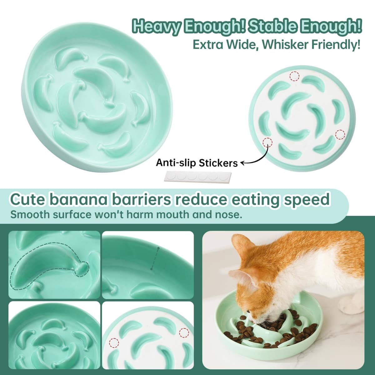 Cat Slow Feeder Bowl Set - 2-Pack Ceramic Cat Dishes for Slow Eating - Whisker-Friendly Cute Maze Bowls for Dry & Wet Food - Microwave & Dishwasher Safe - White and Green thumbnail 4