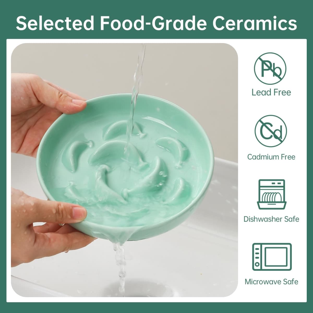 Cat Slow Feeder Bowl Set - 2-Pack Ceramic Cat Dishes for Slow Eating - Whisker-Friendly Cute Maze Bowls for Dry & Wet Food - Microwave & Dishwasher Safe - White and Green thumbnail 5