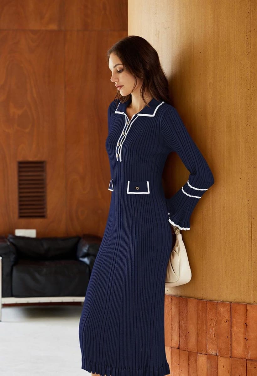 Pink Queen Women's V Neck Bodycon Sweater Dress 2024 Long Sleeve Half Button Slim Fitted Ruffle Ribbed Knit Maxi Pencil Dress, Navy, Medium thumbnail 2