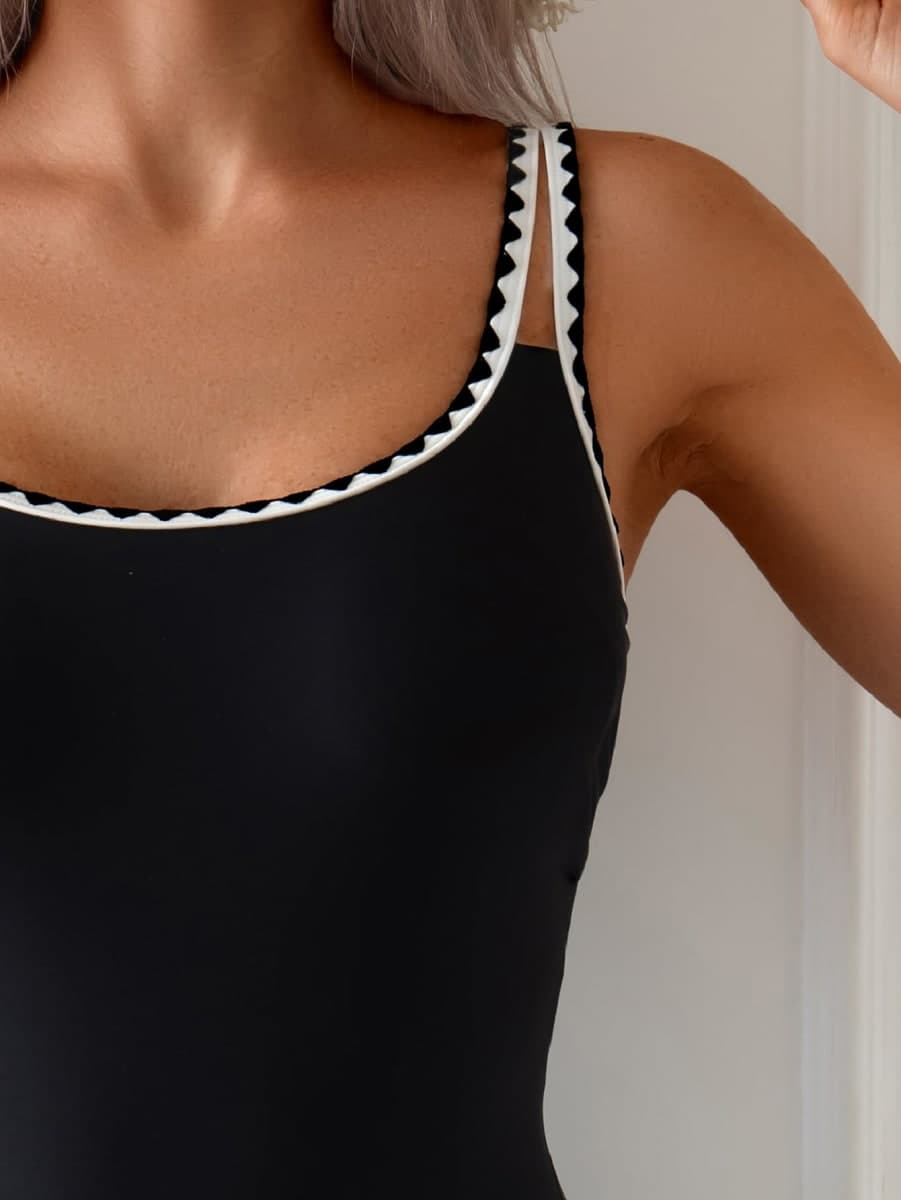 Eomenie One Piece Swimdress Swimsuits for Women Tummy Control Swim Dresses Skirt Bathing Suit, Black White Color Block, Medium thumbnail 5