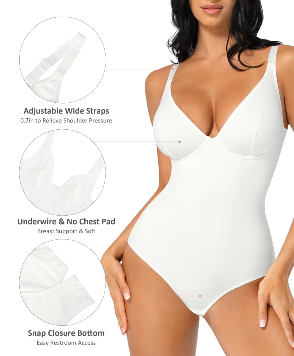 FeelinGirl Shapewear Bodysuits for Women Tummy Control Deep V Neck Body Suits with Adjustable Straps Tops, White, 3X-Large thumbnail 4