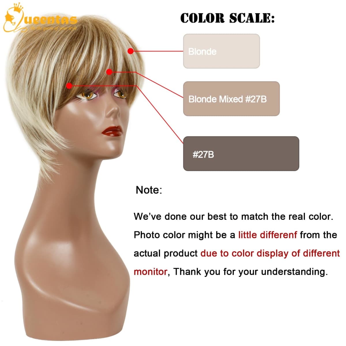 QUEENTAS Pixie Layered Short Blonde Wigs for White Black Women Synthetic Hair (Blonde Mixed Brown) thumbnail 2