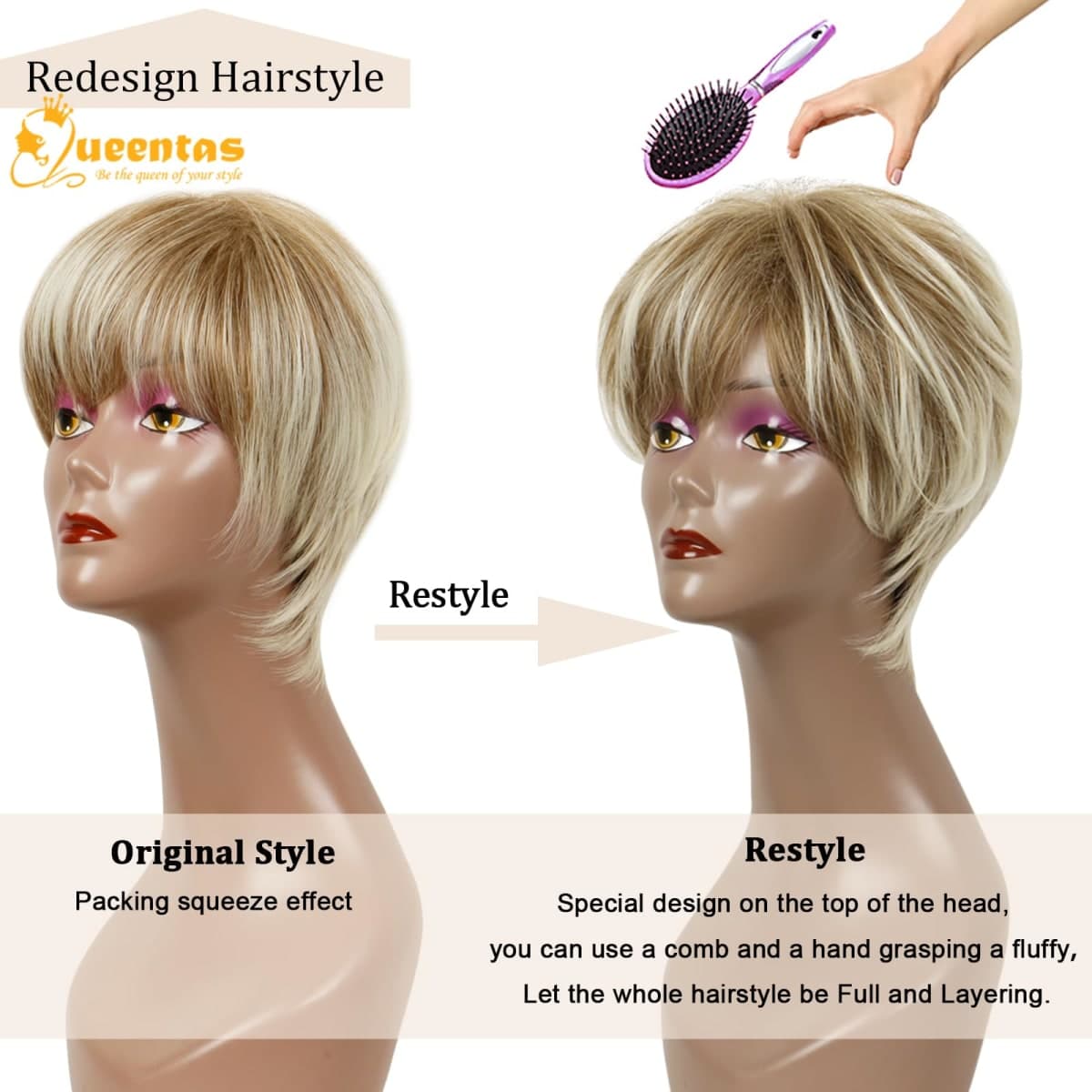 QUEENTAS Pixie Layered Short Blonde Wigs for White Black Women Synthetic Hair (Blonde Mixed Brown) thumbnail 3