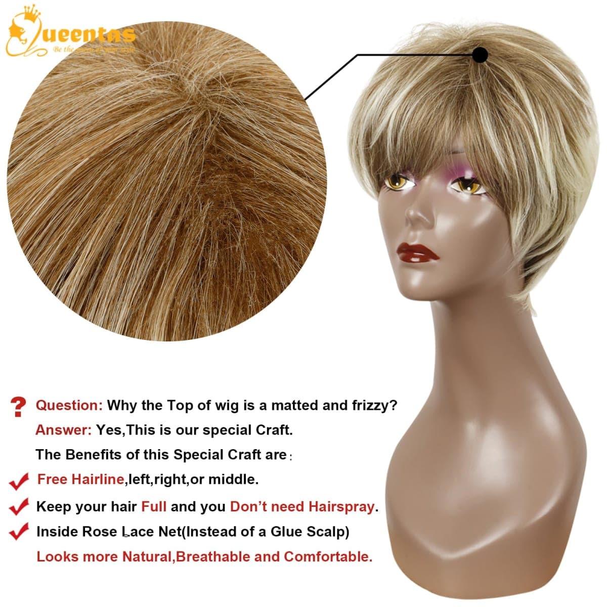 QUEENTAS Pixie Layered Short Blonde Wigs for White Black Women Synthetic Hair (Blonde Mixed Brown) thumbnail 4