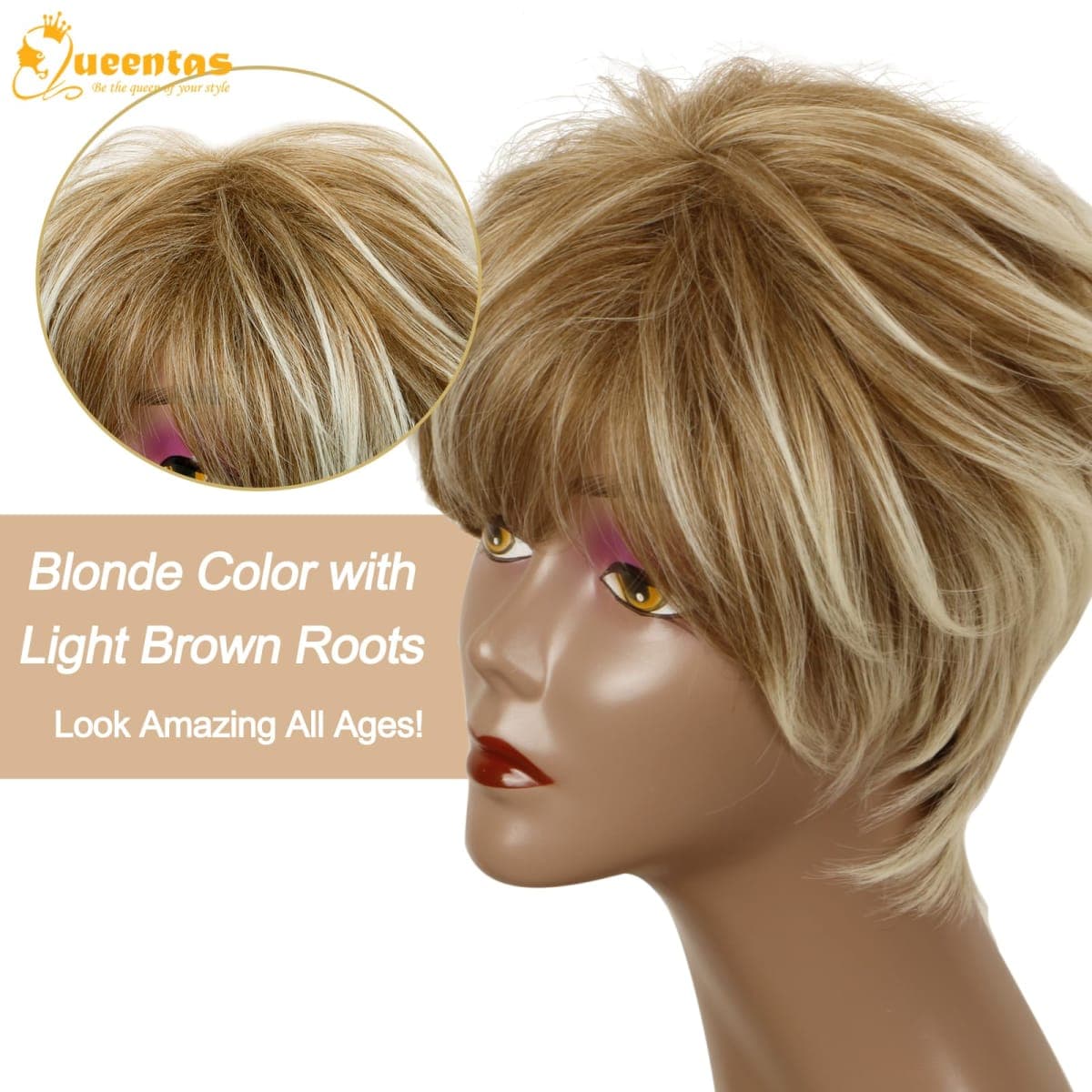 QUEENTAS Pixie Layered Short Blonde Wigs for White Black Women Synthetic Hair (Blonde Mixed Brown) thumbnail 5