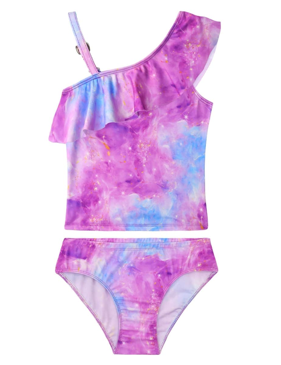 WhizBuzz Girls Swimsuits Two Piece Tankini Bathing Suits Colorful Toddler Kids Ruffles Summer Beach Swimwear, Purple Blue Marble, 4-5T