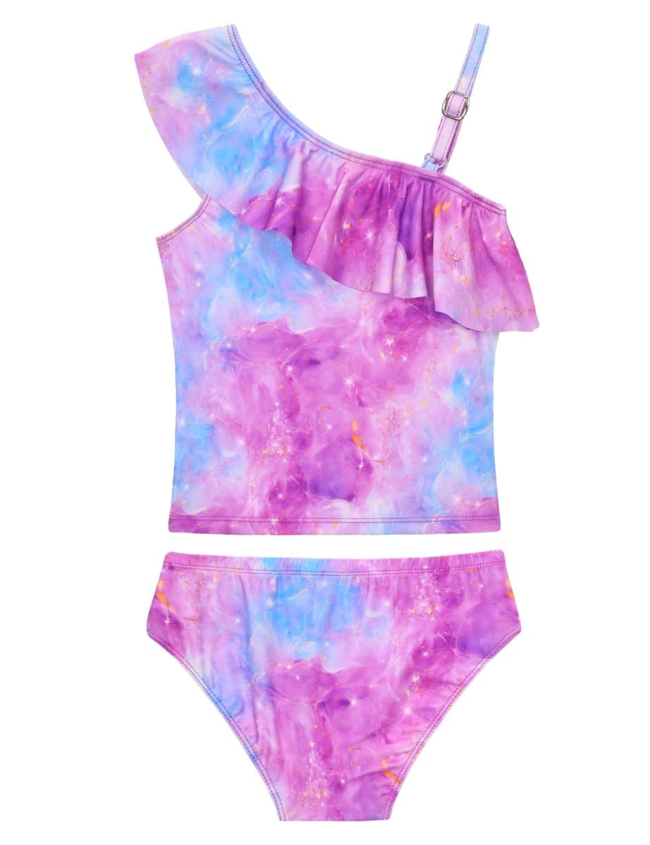 WhizBuzz Girls Swimsuits Two Piece Tankini Bathing Suits Colorful Toddler Kids Ruffles Summer Beach Swimwear, Purple Blue Marble, 4-5T thumbnail 2