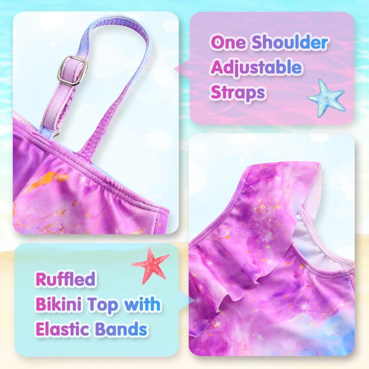 WhizBuzz Girls Swimsuits Two Piece Tankini Bathing Suits Colorful Toddler Kids Ruffles Summer Beach Swimwear, Purple Blue Marble, 4-5T thumbnail 3