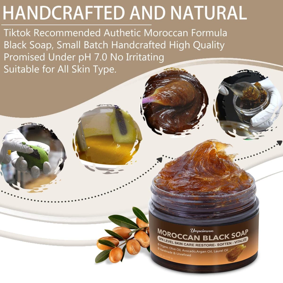 2 PCS Unrefined Moroccan Black Soap Handcrafted, Argan Oil Authetic Black Beldi Soap SPA Level Highly Moisturize, Purify and Soften Skin, with Laurel Oil for Face and Body, No Fragrance, 5.29 oz/150 g thumbnail 2