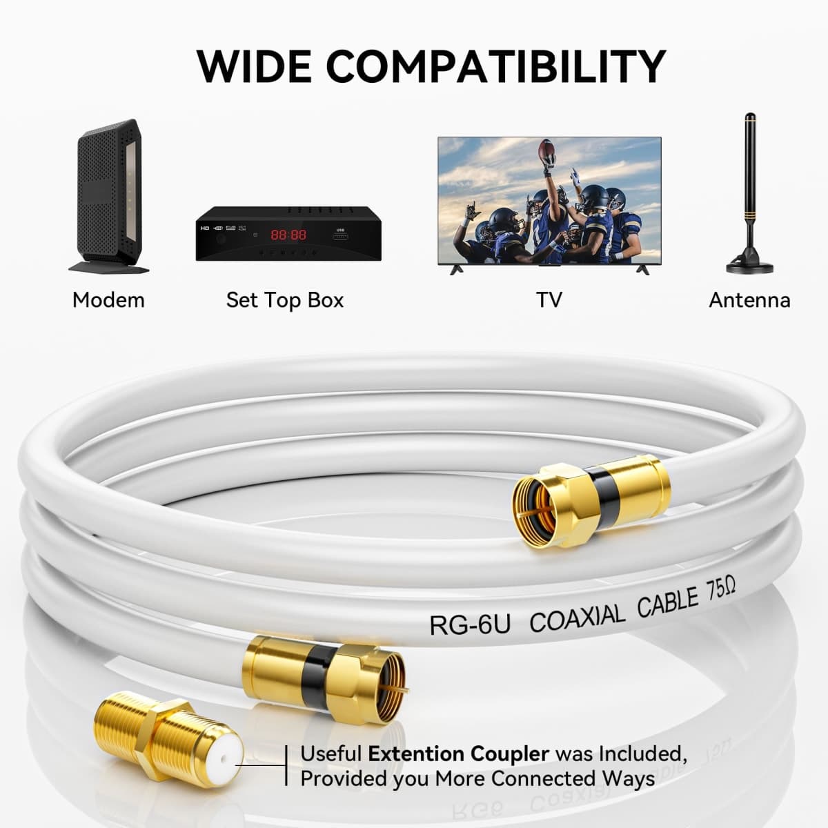 RG6 Coaxial Cable, 3FT 6FT 10FT 15FT 25FT 50FT 100FT Coax Cable Cord with Gold F-Type Connector, High Speed Internet, Digital TV Aerial for HDTV, Satellite, Antenna, Modem with Extender- 10ft,White thumbnail 3