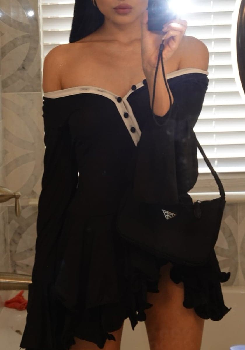 Geulis Women's Long Sleeve Wedding Guest Dresses Sexy Deep V Neck Flare Ruffle Dress Bodycon Party Mini Dresses, Black-2, Small thumbnail 3