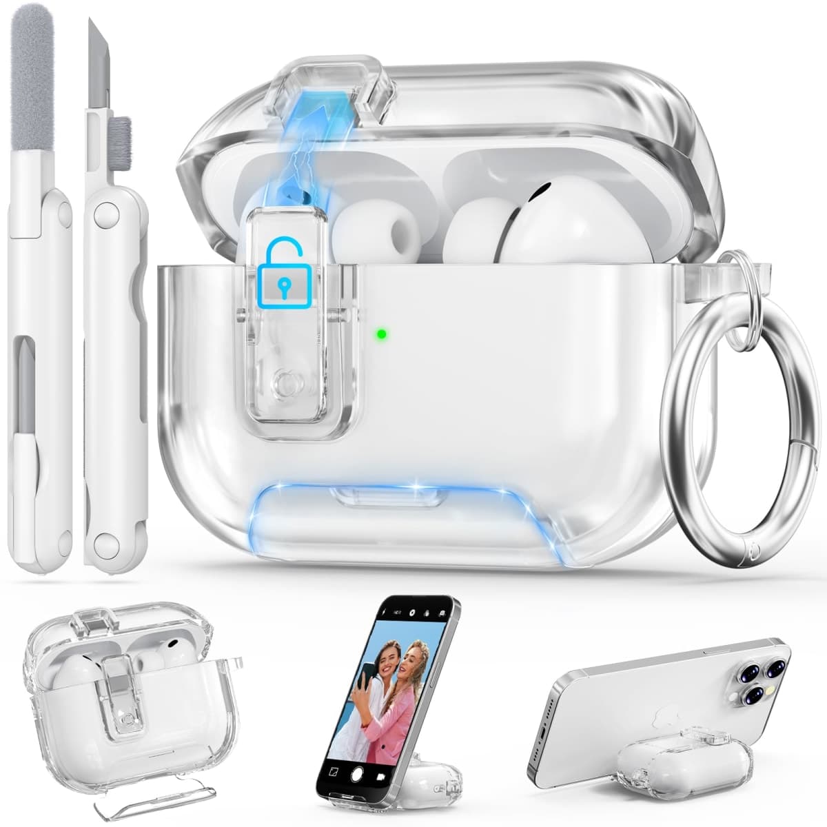 Ensfomte for AirPods Pro 3 Clear Case 2025 with Secure Lock, Soft TPU Transparent Case Cover for Apple AirPods Pro 3rd Generation with Phone Stand & Cleaning Kit for Women Men with Keychain, Clear — image 1