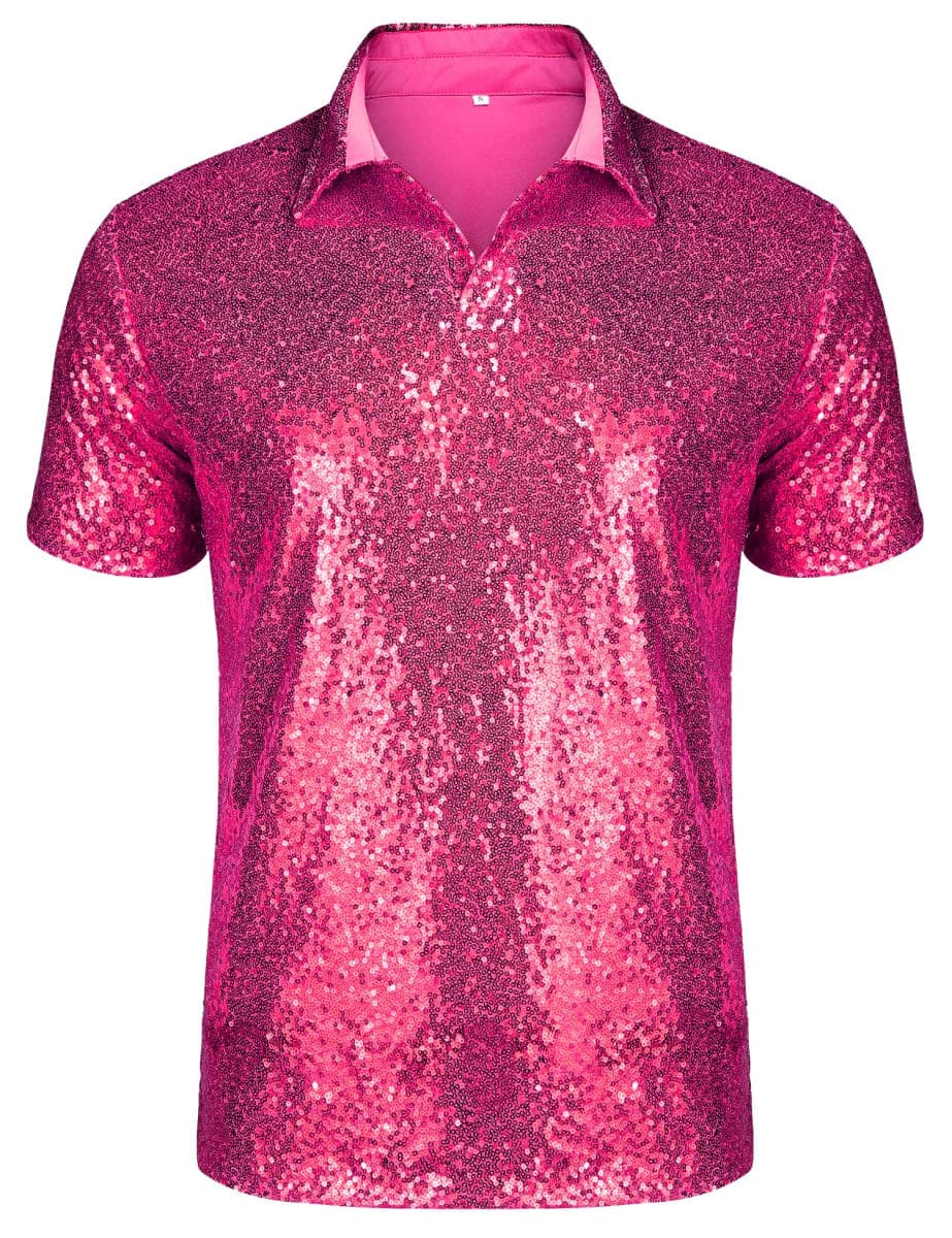 URRU Men's Relaxed Short Sleeve Turndown Sparkle Sequins Polo Shirts 70s Disco Nightclub Party Shirt Tops, Rose Red, Medium — image 1