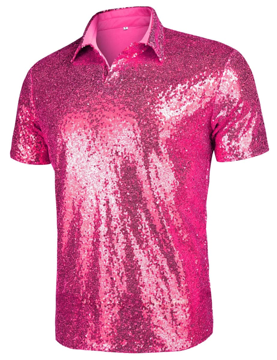 URRU Men's Relaxed Short Sleeve Turndown Sparkle Sequins Polo Shirts 70s Disco Nightclub Party Shirt Tops, Rose Red, Medium thumbnail 2