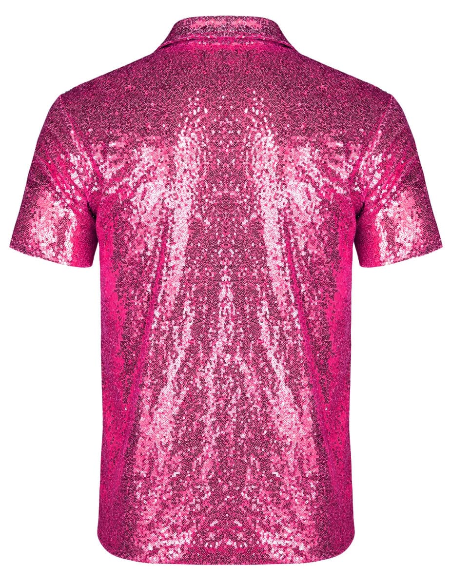 URRU Men's Relaxed Short Sleeve Turndown Sparkle Sequins Polo Shirts 70s Disco Nightclub Party Shirt Tops, Rose Red, Medium thumbnail 3