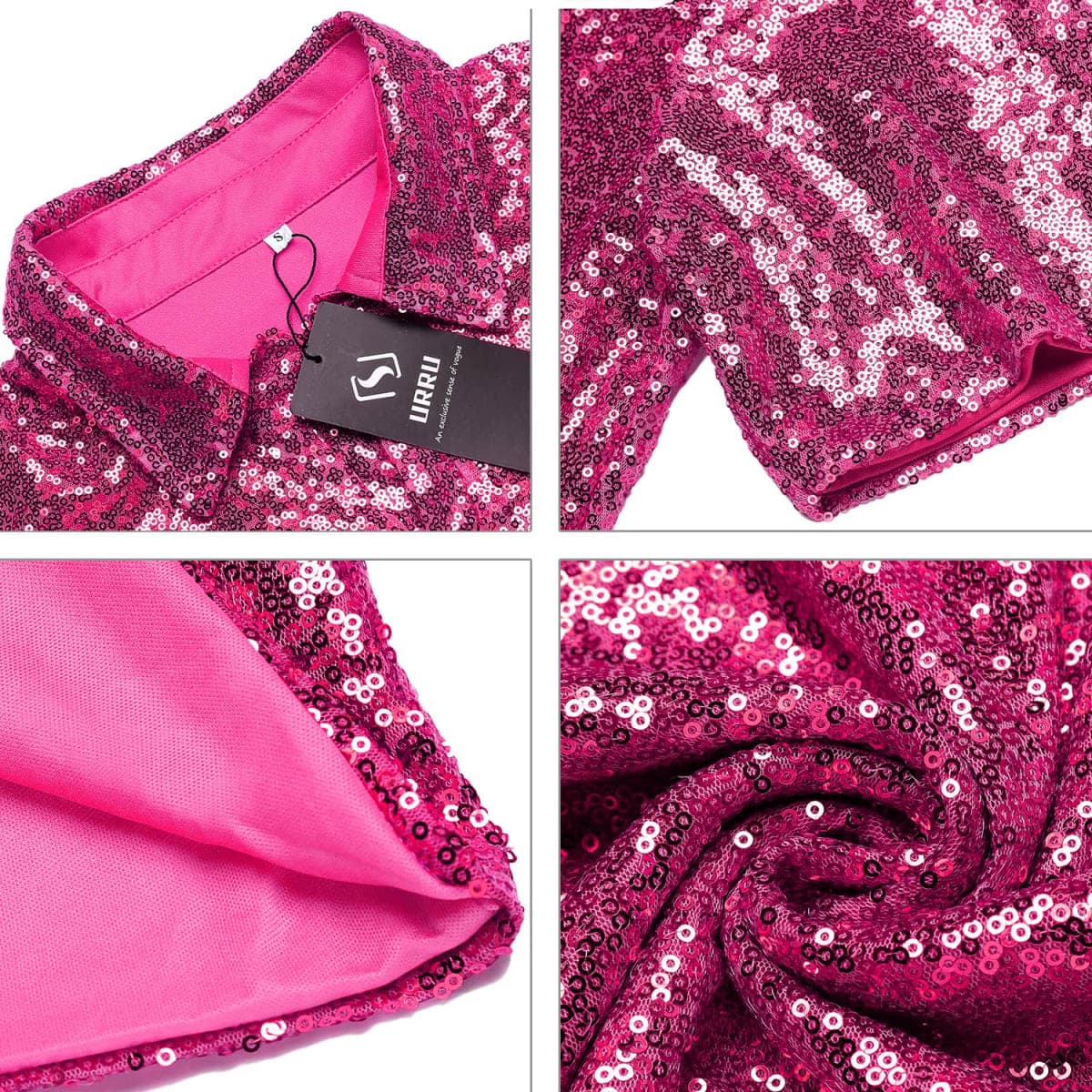 URRU Men's Relaxed Short Sleeve Turndown Sparkle Sequins Polo Shirts 70s Disco Nightclub Party Shirt Tops, Rose Red, Medium thumbnail 5