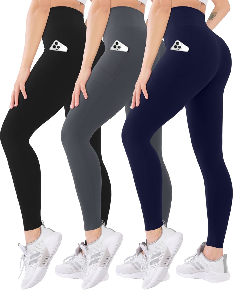 Blisset 3 Pack High Waisted Leggings for Women with Pockets Soft Active Tummy Control Pants for Yoga Running & Daily Wear, 012-black/Gray/Navy Blue, XX-Large — image 1
