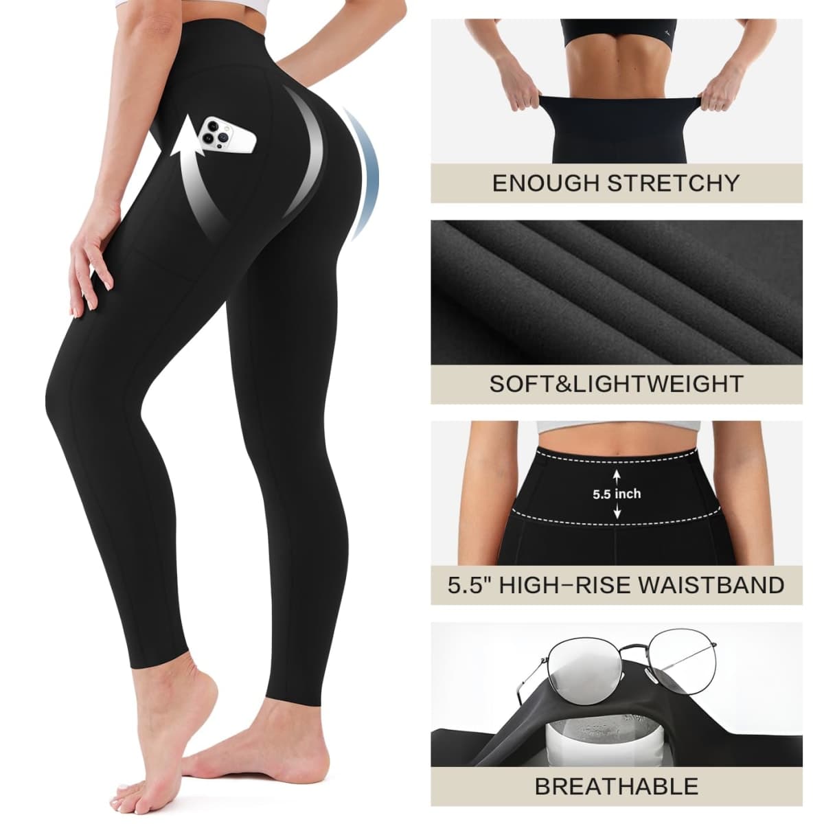 Blisset 3 Pack High Waisted Leggings for Women with Pockets Soft Active Tummy Control Pants for Yoga Running & Daily Wear, 012-black/Gray/Navy Blue, XX-Large thumbnail 5