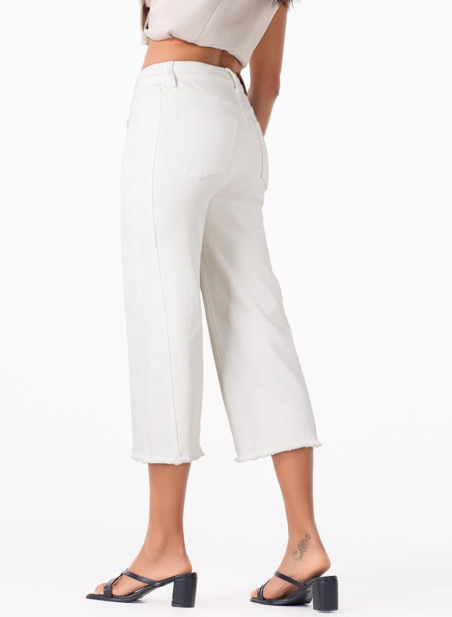 Sidefeel Women's High Waisted Jeans Stretchy Wide Leg Raw Hem Capri Pants Size 4 White thumbnail 2