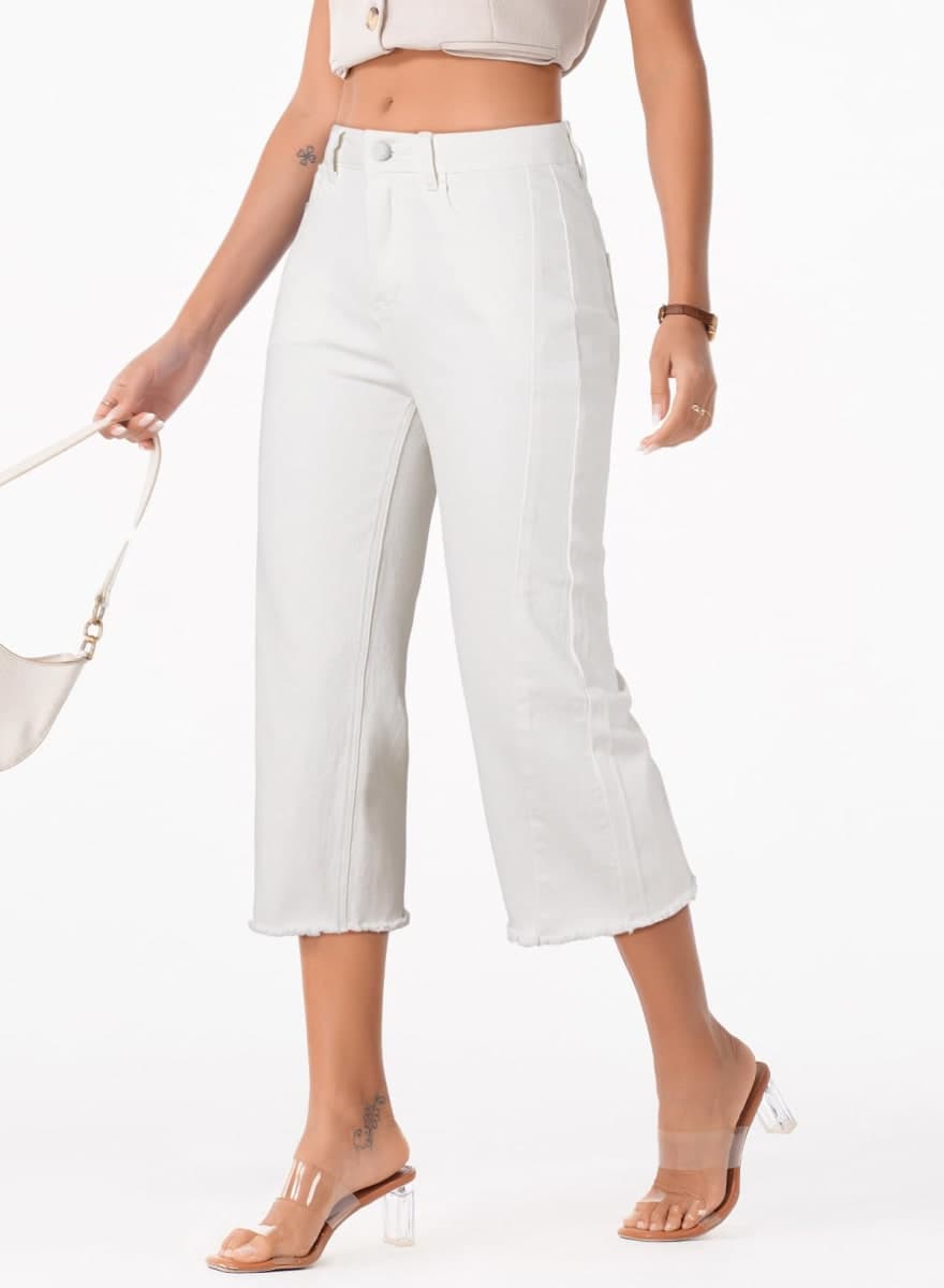 Sidefeel Women's High Waisted Jeans Stretchy Wide Leg Raw Hem Capri Pants Size 4 White thumbnail 3