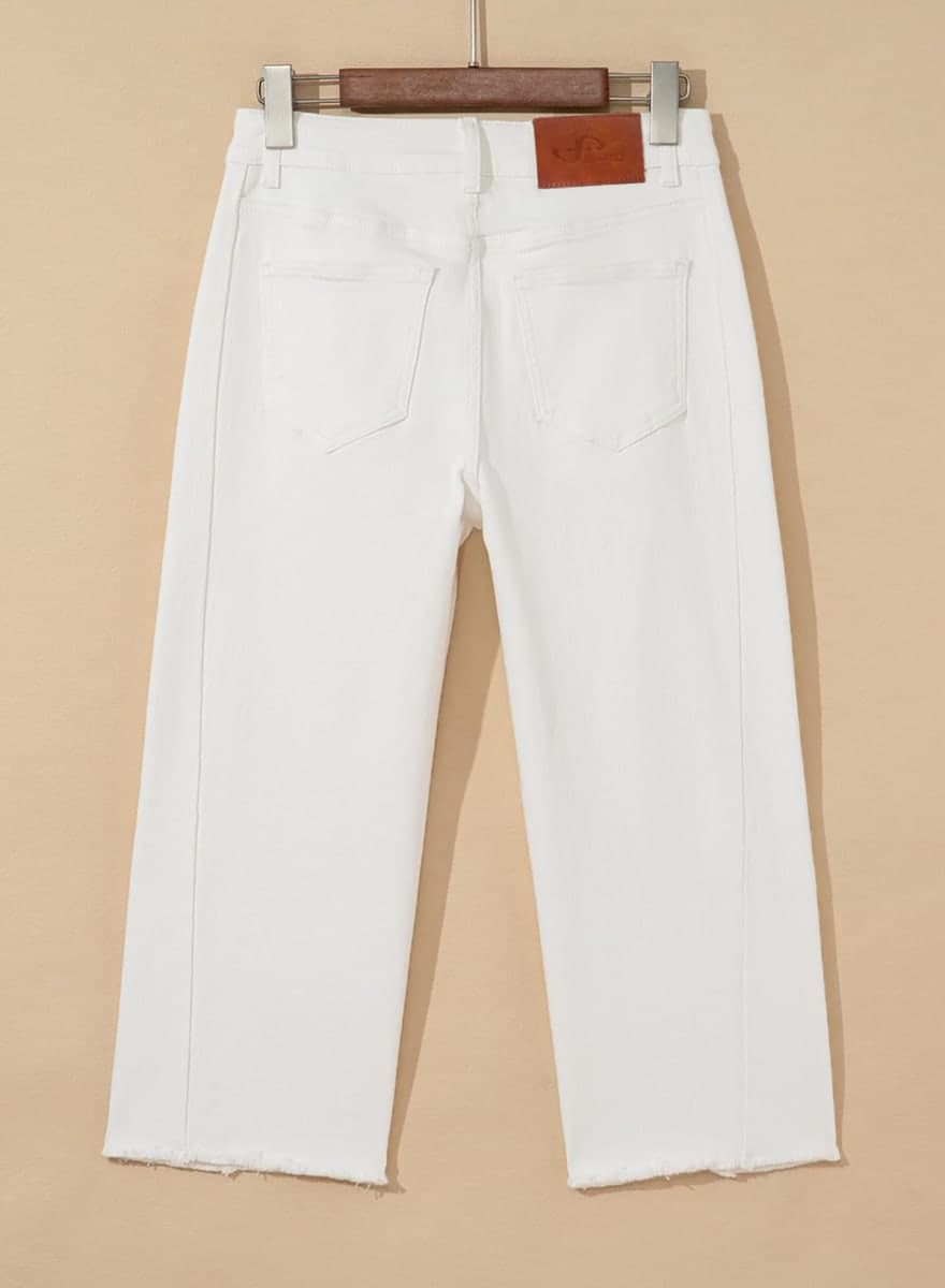 Sidefeel Women's High Waisted Jeans Stretchy Wide Leg Raw Hem Capri Pants Size 4 White thumbnail 5