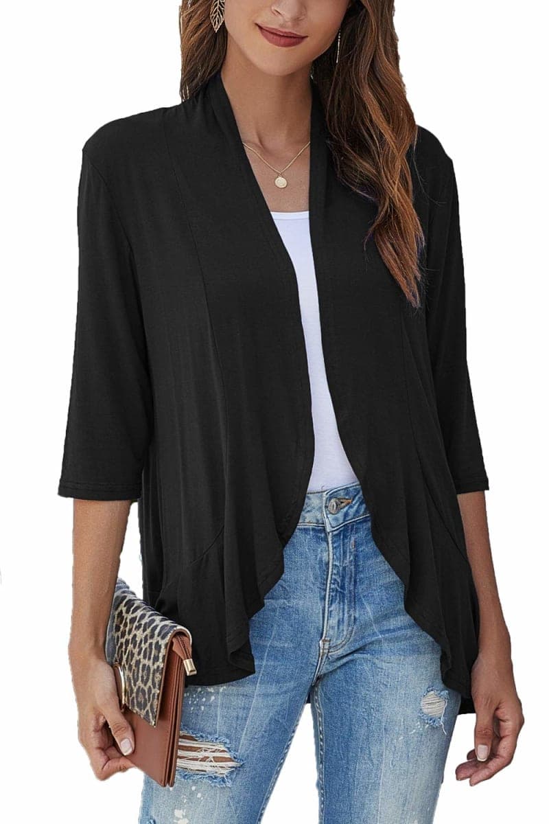Bluetime Women's Casual Lightweight Open Front Cardigans Soft Draped Ruffles 3/4 Sleeve Cardigan (S-3XL), Black, 3X-Large — image 1