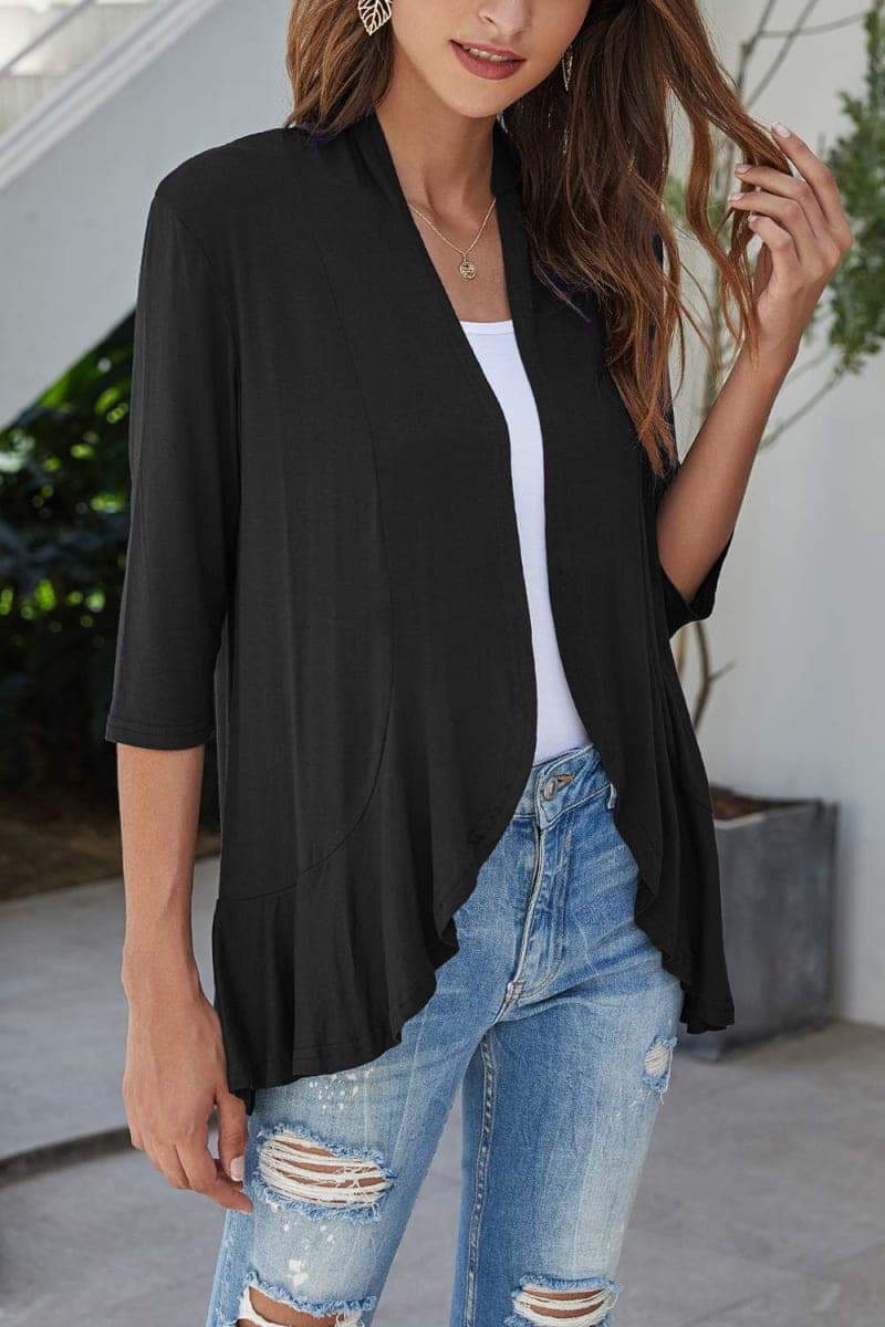 Bluetime Women's Casual Lightweight Open Front Cardigans Soft Draped Ruffles 3/4 Sleeve Cardigan (S-3XL), Black, 3X-Large thumbnail 2