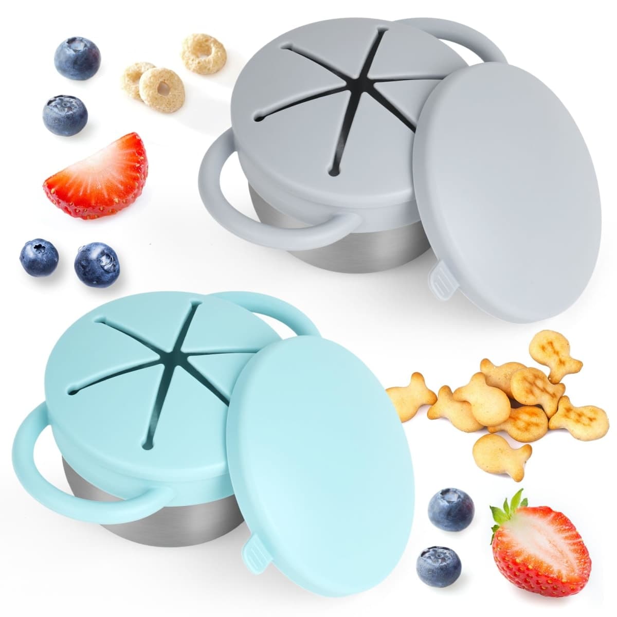 2 Pack Snack Cups for Toddlers Spill Proof - Detachable Stainless Steel Toddler Snack Cups with Silicone Lids & Handles (Light Blue and Grey) — image 1