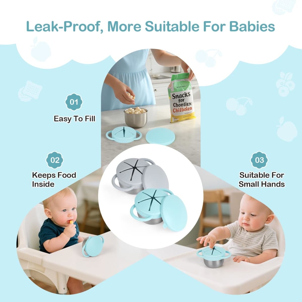 2 Pack Snack Cups for Toddlers Spill Proof - Detachable Stainless Steel Toddler Snack Cups with Silicone Lids & Handles (Light Blue and Grey) thumbnail 2