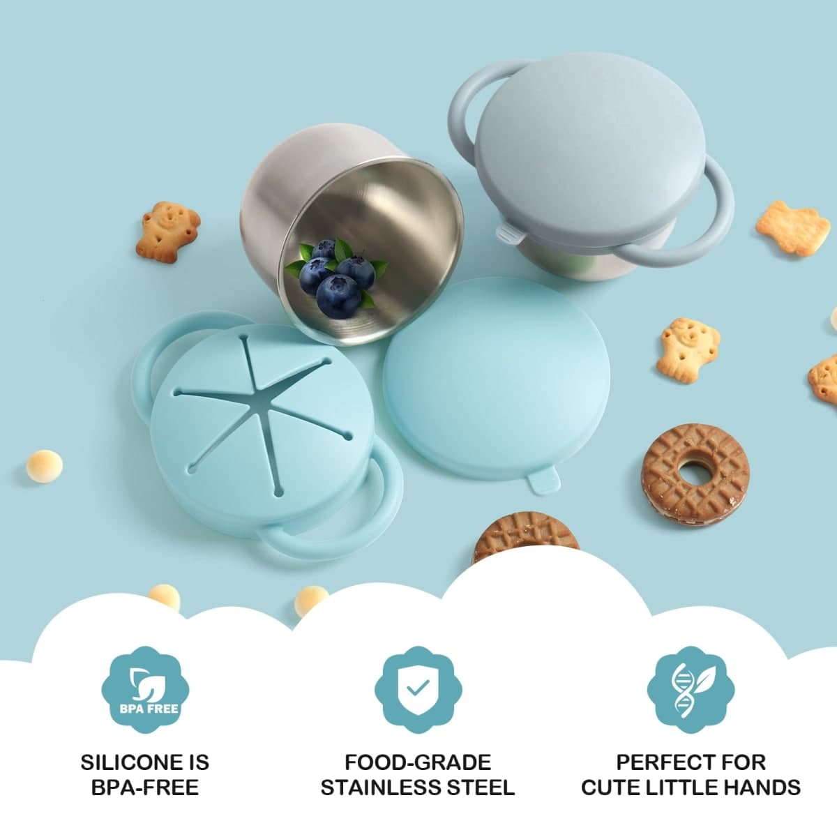 2 Pack Snack Cups for Toddlers Spill Proof - Detachable Stainless Steel Toddler Snack Cups with Silicone Lids & Handles (Light Blue and Grey) thumbnail 4