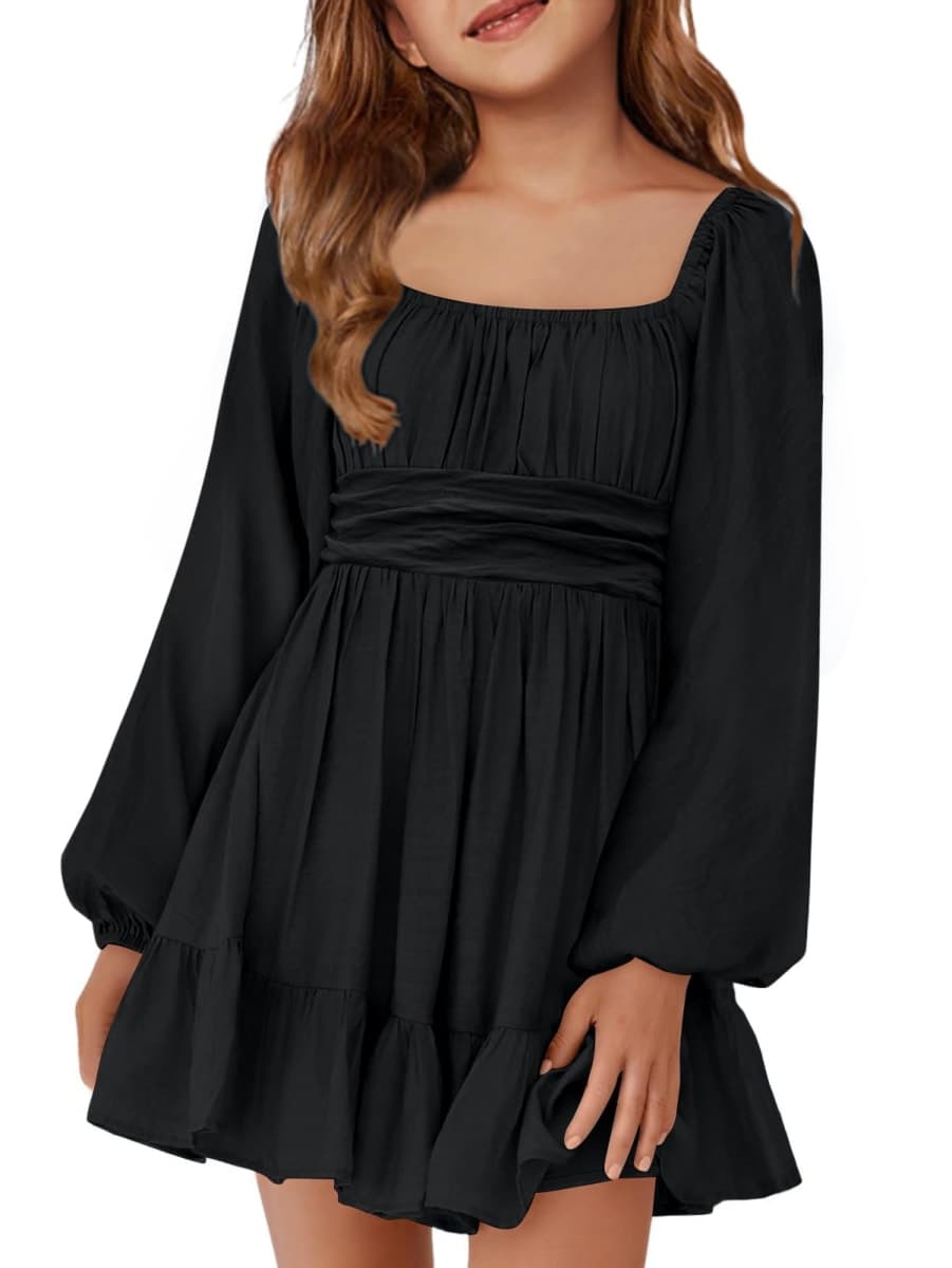 Girls Tie Back Dresses Long Sleeve Square Neck A-Line Ruffle Mini Dress 5-14 Years, Black, 9-10 Years — image 1