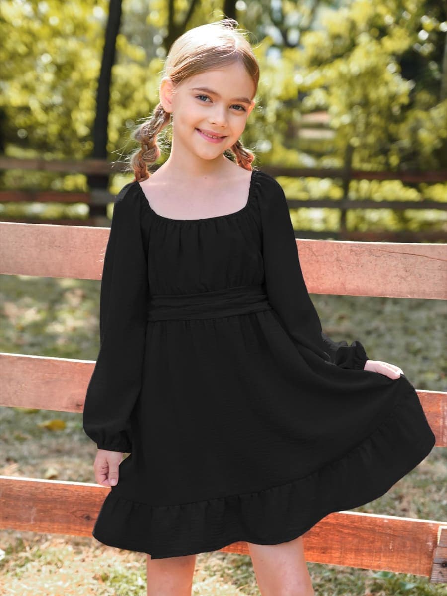 Girls Tie Back Dresses Long Sleeve Square Neck A-Line Ruffle Mini Dress 5-14 Years, Black, 9-10 Years thumbnail 2