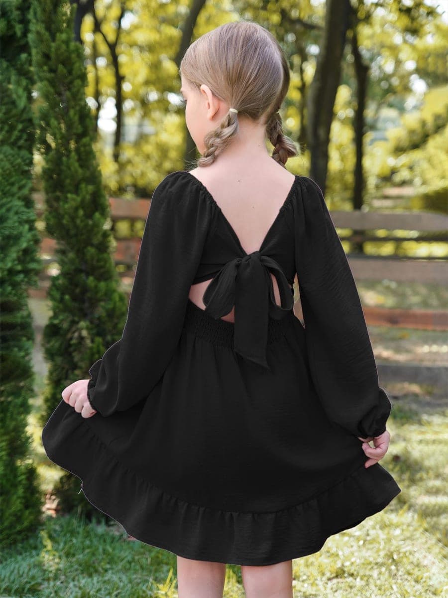 Girls Tie Back Dresses Long Sleeve Square Neck A-Line Ruffle Mini Dress 5-14 Years, Black, 9-10 Years thumbnail 3