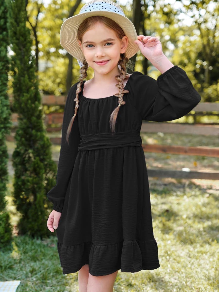 Girls Tie Back Dresses Long Sleeve Square Neck A-Line Ruffle Mini Dress 5-14 Years, Black, 9-10 Years thumbnail 4