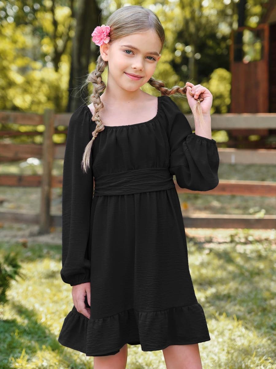 Girls Tie Back Dresses Long Sleeve Square Neck A-Line Ruffle Mini Dress 5-14 Years, Black, 9-10 Years thumbnail 5