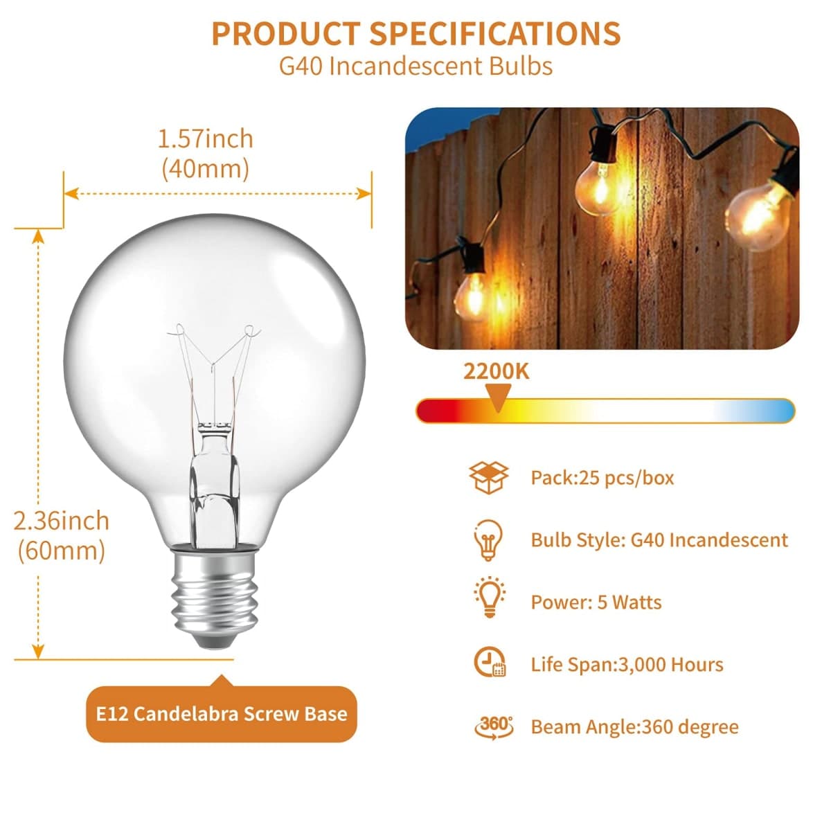 Meconard G40 Replacement Light Bulbs, E12 Candelabra Screw Base 5watt Dimmable Clear Glass Globe Incandescent Bulbs for Indoor Outdoor String Lights,Warm White,25Pack thumbnail 2