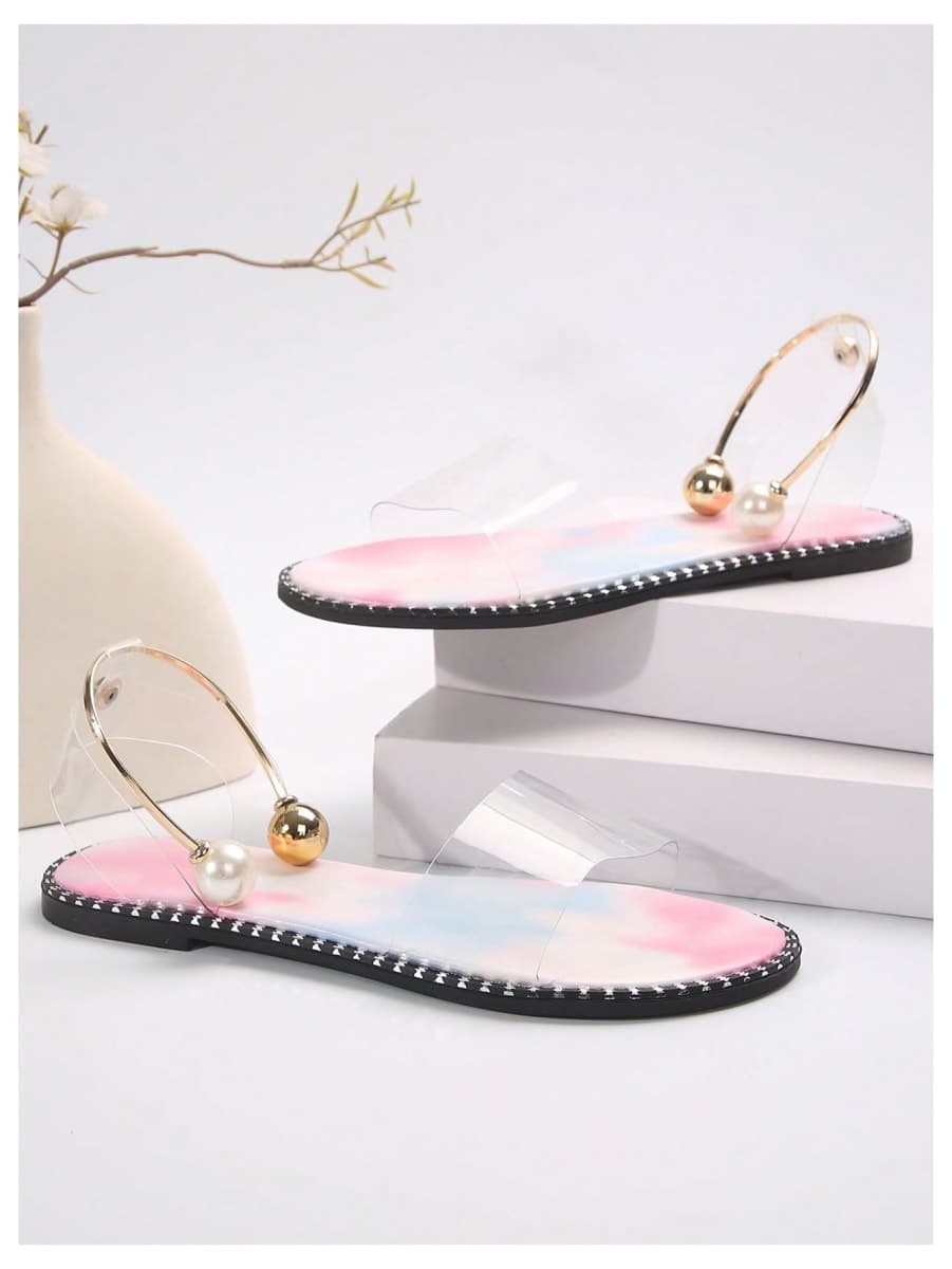 OYOANGLE Women's Pearl Decor Clear Straps Open Toe Flat Sandals Leather Outdoor Beach Sandals, Pink and Blue, 8.5 thumbnail 3