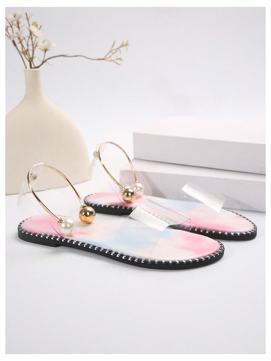 OYOANGLE Women's Pearl Decor Clear Straps Open Toe Flat Sandals Leather Outdoor Beach Sandals, Pink and Blue, 8.5 thumbnail 5